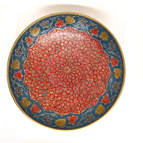 Bohemian Solid Brass Bowl Floral Red & Turquoise Blue Enamel Vintage Decor 6.5" - Picture 4 of 7